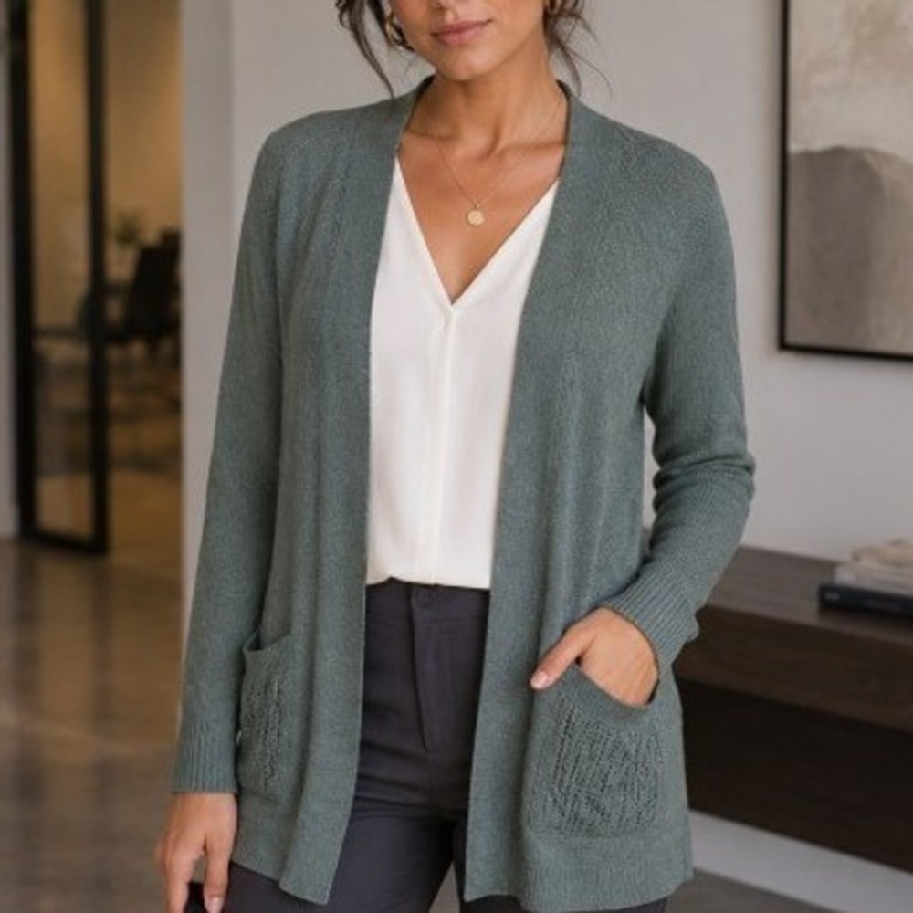 Love Ellie Sage Green Lightweight Open Front Rib Knit Cardigan Sweater L